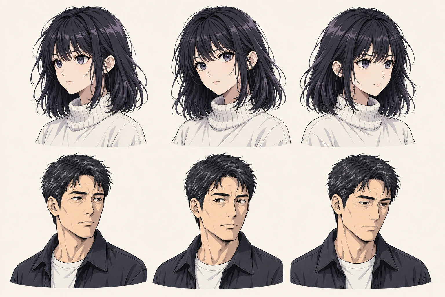 Six manga head-and-shoulder acting studies: the girl observing, curious, and resolved in the top row; the father reserved, attentive, and contemplative below.