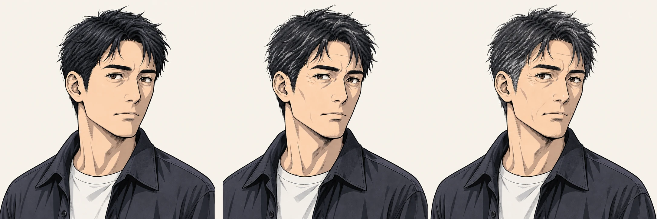Three head-and-shoulder manga studies of the same father at 37, 45, and 53, with gradual changes to eye lines and grey hair.