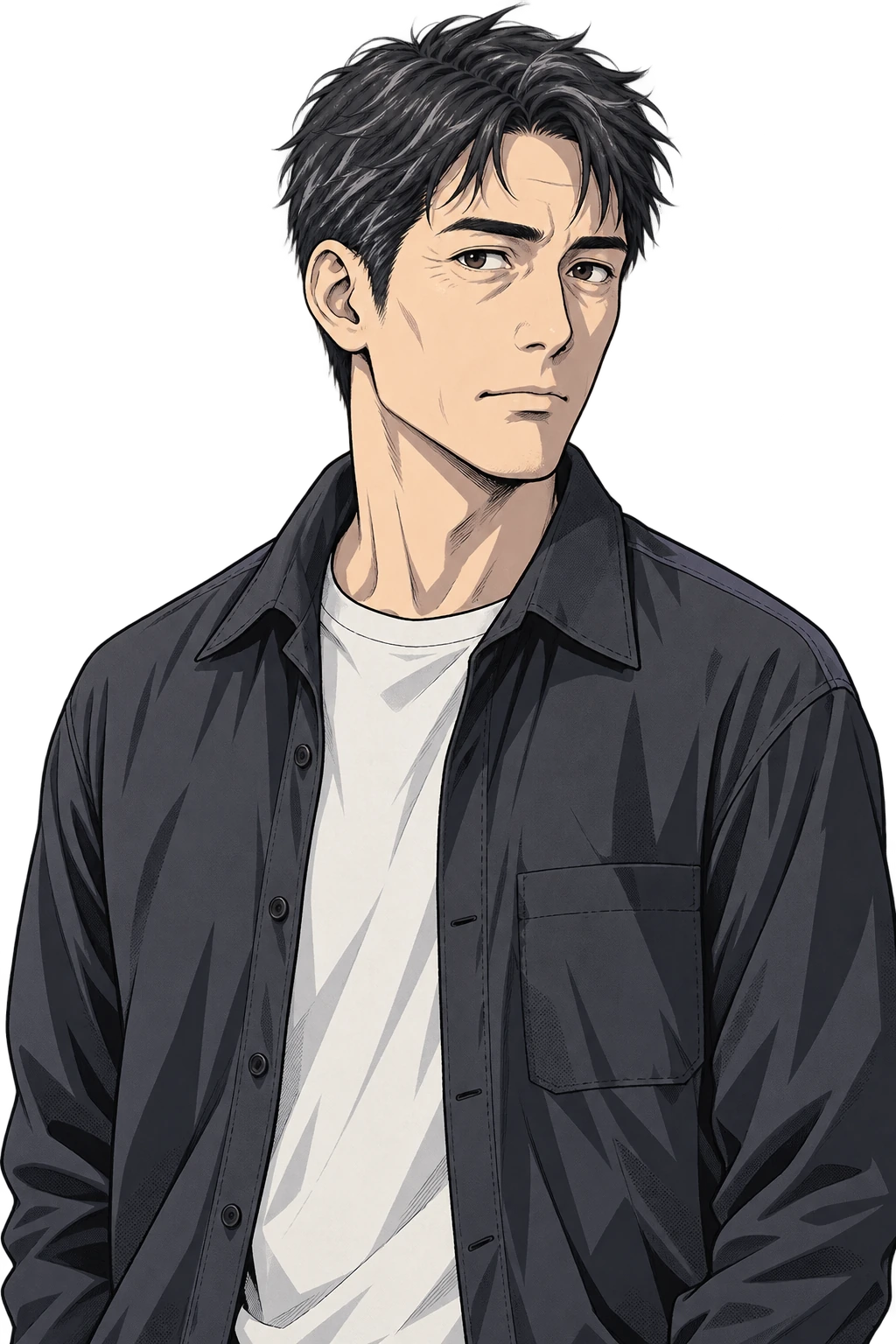 The father, with an angular face, dark hair, charcoal overshirt, and ivory crew-neck shirt.