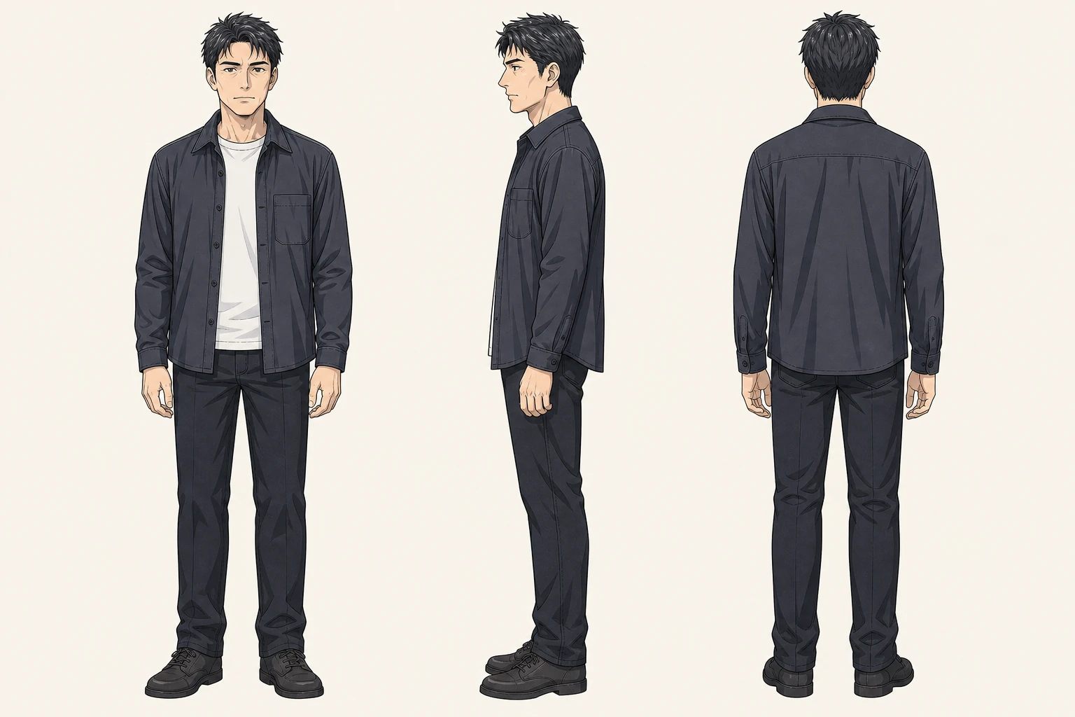 Three full-body views of the same father at 45: front, left profile, and back, wearing a charcoal overshirt, ivory crew neck, dark straight trousers, and plain shoes.