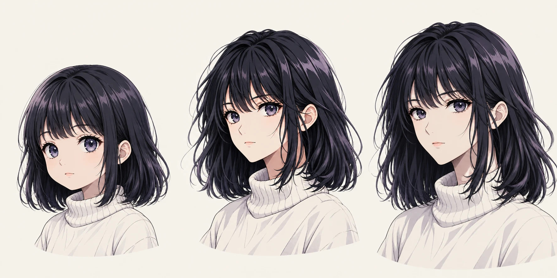 Three head-and-shoulder manga studies of the same girl, left to right: child at 8, teenager at 16, and adult at 24, all in ivory high-neck sweaters.