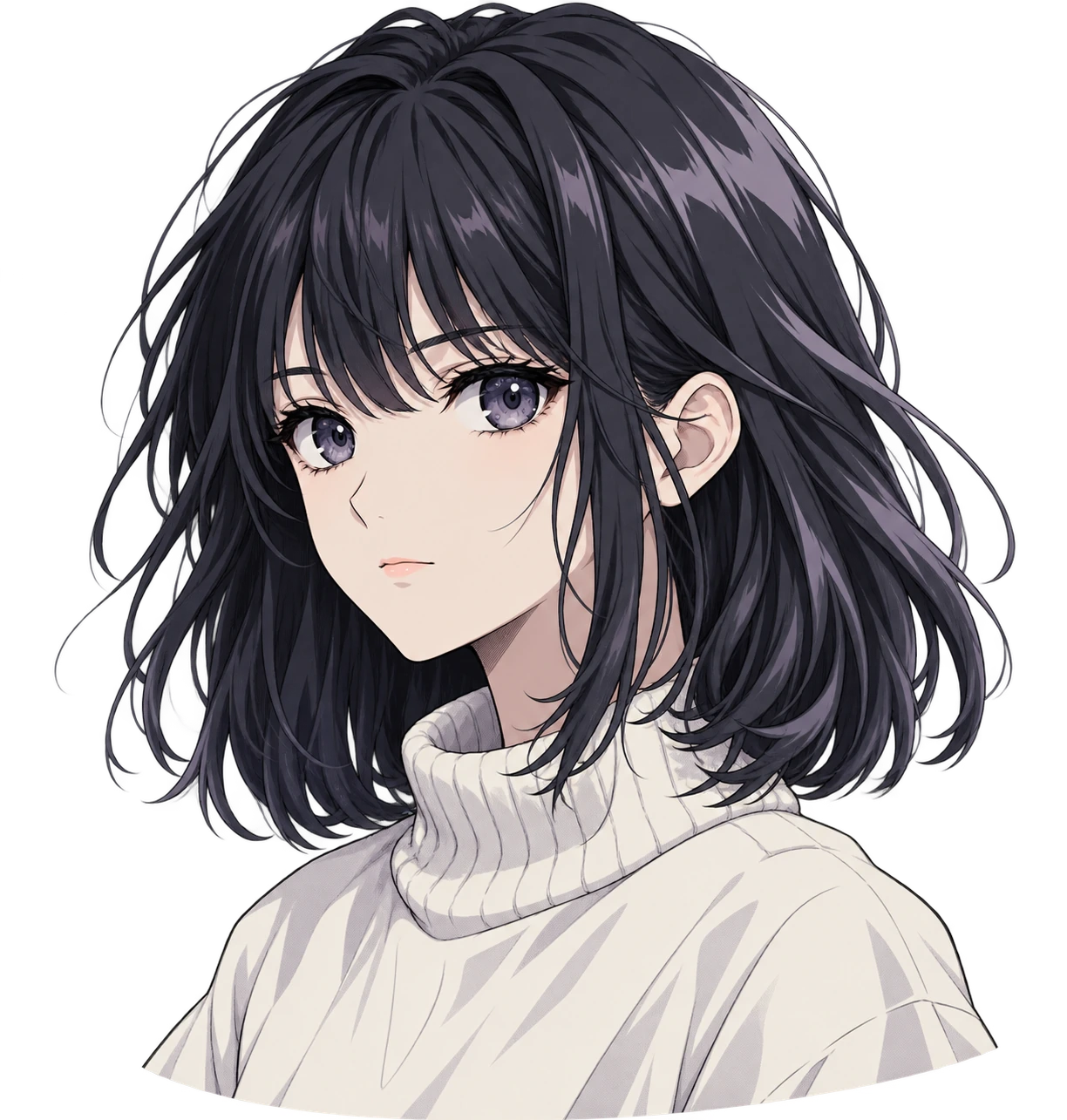 The girl, with dark shoulder-length hair, violet-grey eyes, and an ivory high-neck sweater.