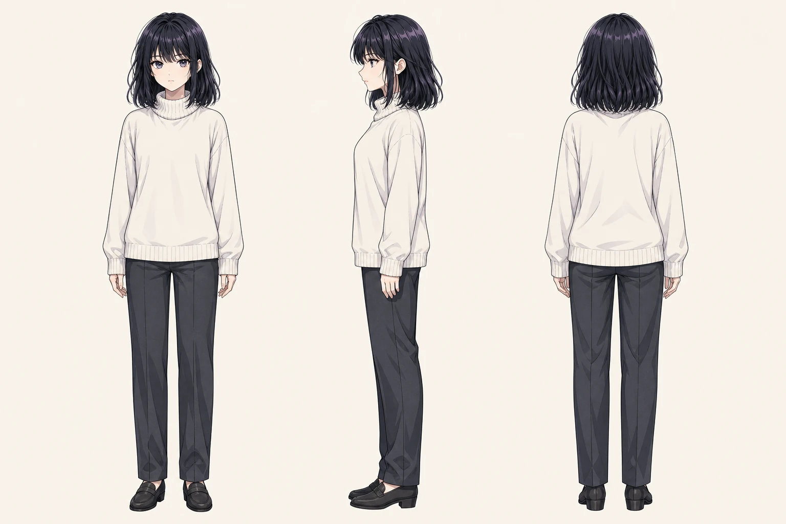 Three full-body views of the same adult woman at 24: front, left profile, and back, wearing a loose ivory sweater, straight charcoal trousers, and simple shoes.